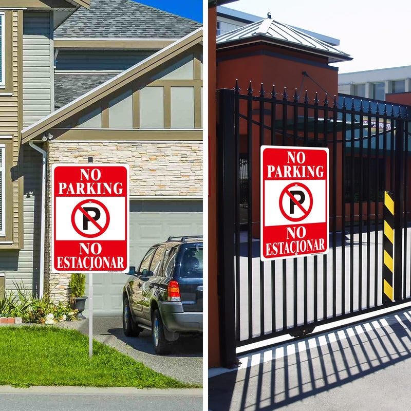 No Parking English Spanish Bilingual Sign, 2 Pack-14"x10"Reflective Aluminum with 36" Long Metal Stakes Set, UV Protected, Fade Resistant, Portable No Parking Sign for House or Business, Easy to Mount Red