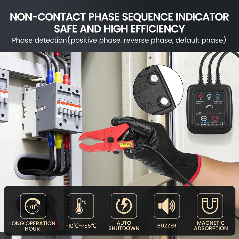 [Australia - AusPower] - EITAI1000D Non-Contact Phase Sequence Tester, AC 70V-1000V, Φ1.6inch/40mm, Manufacturer Direct Sales, Phase Rotation Meter 