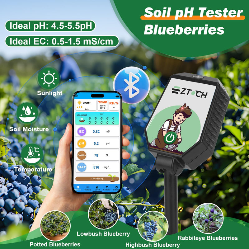 [Australia - AusPower] - Bluetooth Soil pH EC Tester, Smart Plant pH Fertility Meter, 8 in 1 pH EC Fertility Temp Salt Moisture Light Intensity Air Humidity Monitor for Blueberry, Garden, Lawn, Raised Garden Beds 8 in 1 pH Tester 
