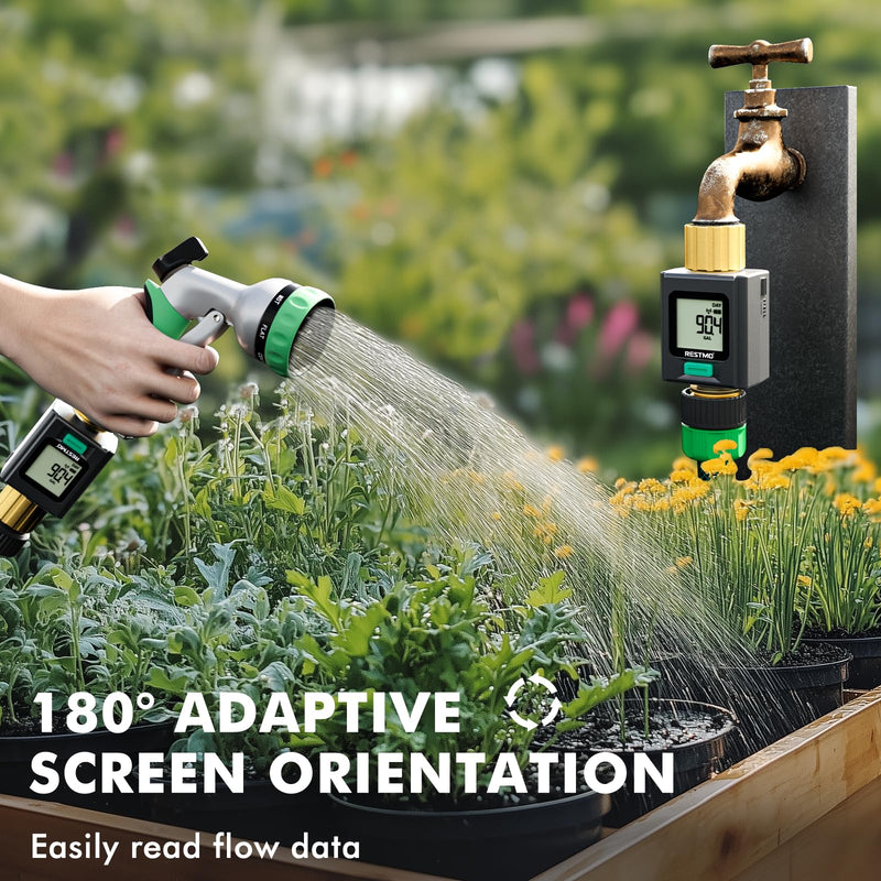 [Australia - AusPower] - RESTMO Smart Water Flow Meter with Screen Backlight, Brass Inlet & Outlet, Measuring Gallon/Liter Consumption & Flow Rate for Garden Watering, RV Filling, Sprinklers & Nozzle - 2.4Ghz WiFi Connection 
