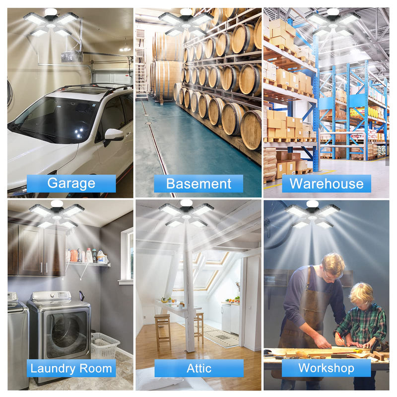 [Australia - AusPower] - LED Garage Light,150W Deformable LED Garage Ceiling Lights,15000LM Garage Lights with 4 Adjustable Panels, E26/E27 LED Shop Lights for Garage, Basement, Barn, Workshop,High Bay Light 4+1P 1Pack/F 