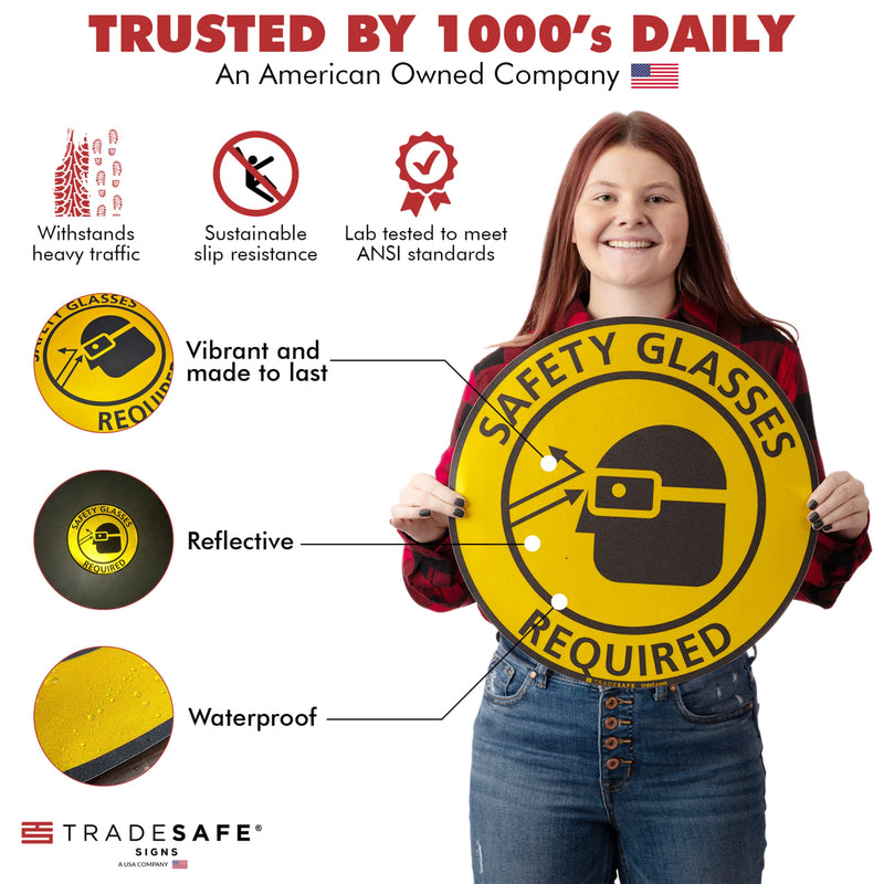 [Australia - AusPower] - TRADESAFE Safety Glasses Required Anti-Slip Floor Sticker - Eye Protection Required Caution Sign, Peel and Stick Adhesive Vinyl Sign, ANSI-Compliant, 17” Diameter Round Sticker 