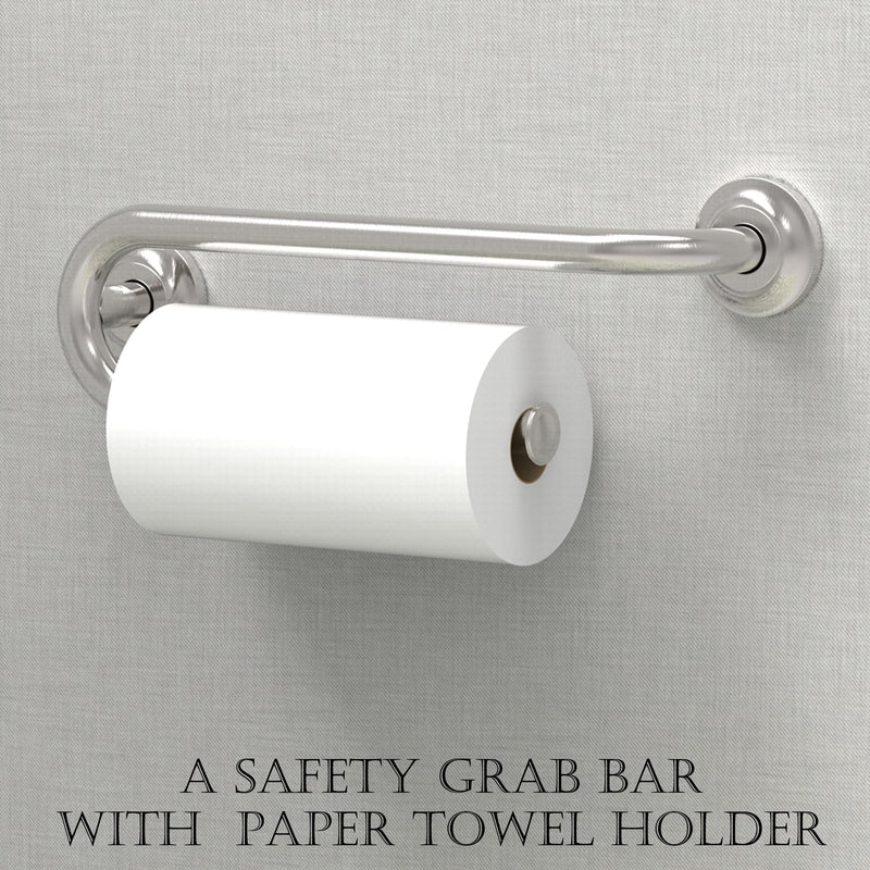Grab Bar with Integrated Toilet Paper Holder for 2 Mega Rolls (Kitchen Paper Towel Holder or Bathroom Towel Bar), 16in Stud Mount, 250lbs Weight Support, Rustproof (Right, Brushed Nickel) Right