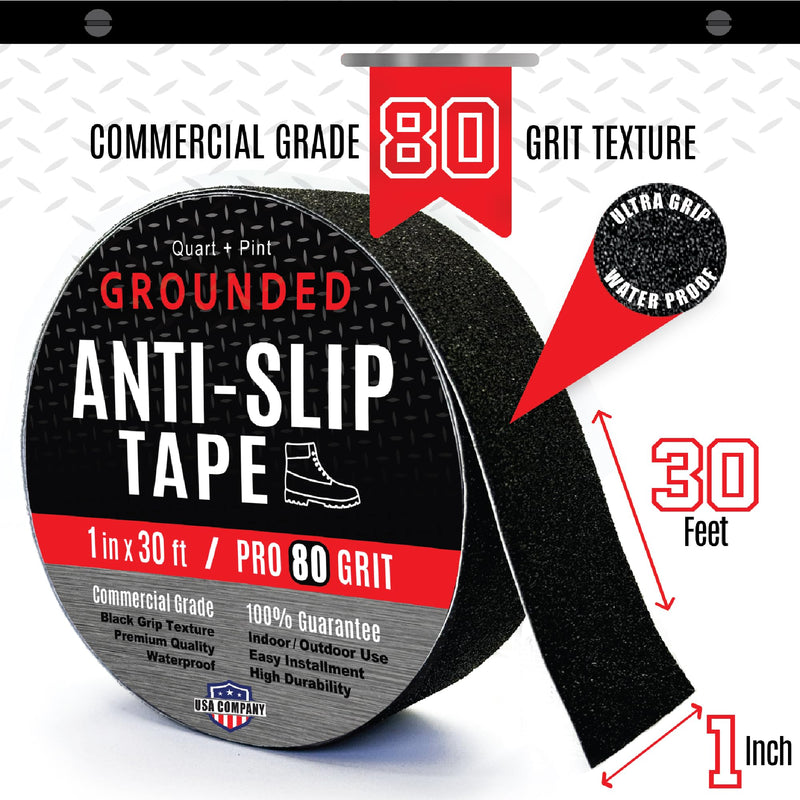 [Australia - AusPower] - Grip Tape 1IN x 30FT, Pro Grade Anti Slip Tape for Stairs & Floors, Safety Traction Tape, Indoor / Outdoor Stair Treads Non Slip Tape, Waterproof adhesive Tape, Black Grip Tape, Non Skid Friction tape 1 Inch x 30 Feet Black 80 Grit 