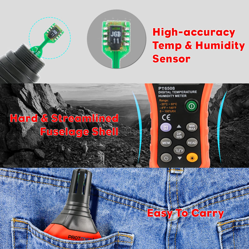 Protmex Digital Temperature Humidity Meter, Thermometer Hygrometer with Ambient Dew Point and Wet Bulb Temperature Indoor and Outdoor, Data Logger with Min/Max Hold, LCD Backlight, PT6508 Black+Orange