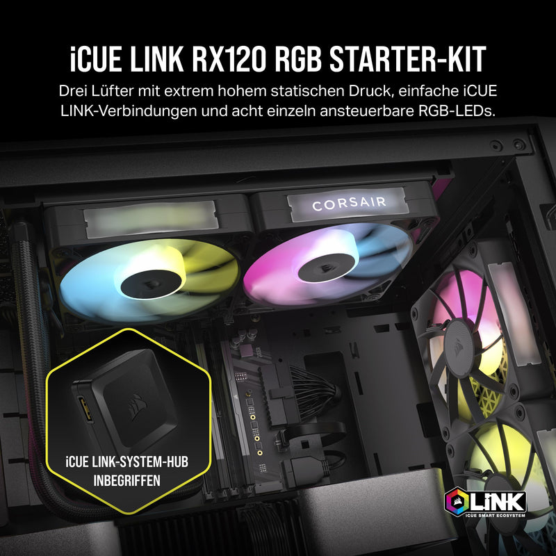 CORSAIR iCUE LINK RX120 RGB 120 mm PWM Fan with iCUE LINK System Hub - Magnetic Dome Bearing - Pack of 3 - Black 3 x 120mm