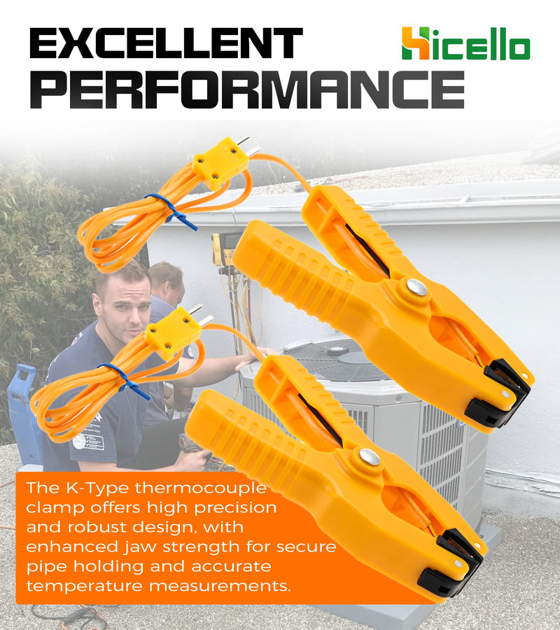 [Australia - AusPower] - 2 PCS K-Type Thermocouple Sensor Thermometer Lead Probe Pipe Clamp Jaw Clip Plumbing Clamp for Fieldpiece Gauges HVAC & Plumbing (-40°F to 392°F) Yellow Ht 05 K Type 2 * Clamps 