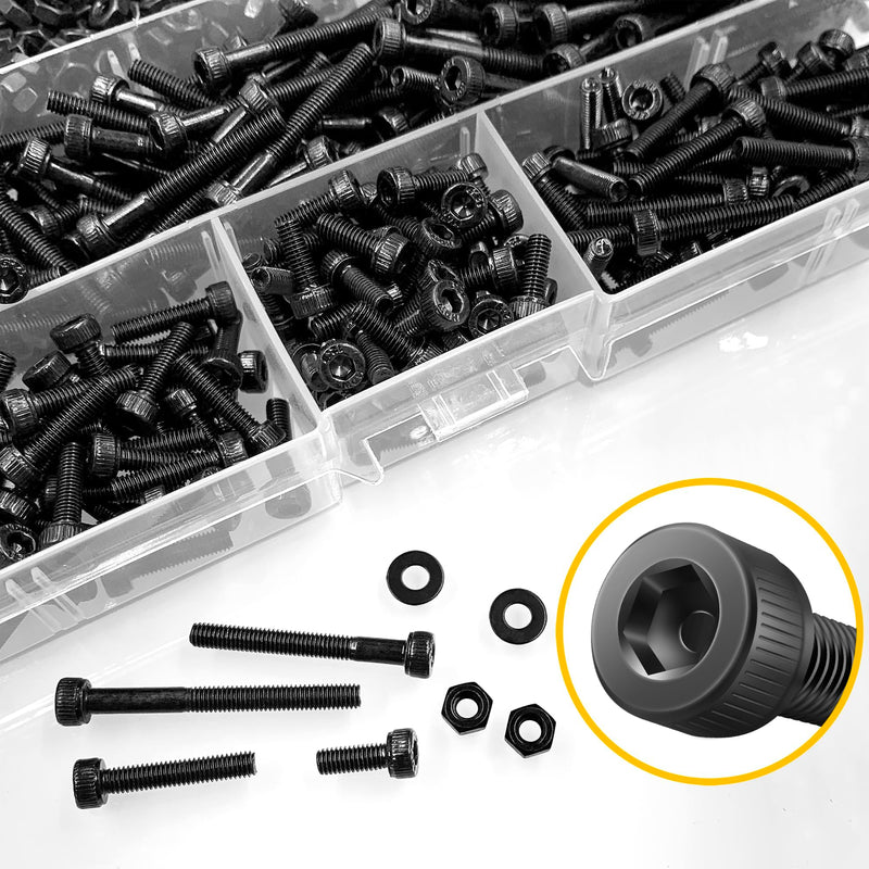 [Australia - AusPower] - AXK 1060pcs M2 M3 M4 M5 Hex Socket Screw Set Carbon Steel Flat Round Cap Head Screws Bolts and Nuts Assortment Kit with Storage Box (Black, M2, M3, M4, M5) Black 