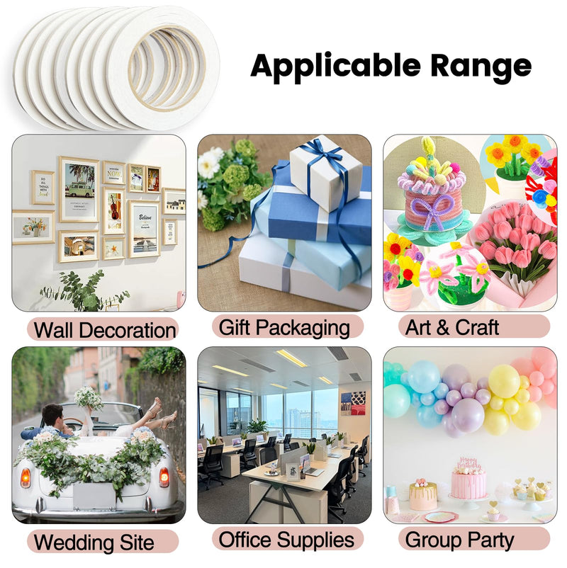 6mm Double Sided Tape White 4 Rolls (Total Length 133 Yards), 1/4 Inch Strong Adhesive Sticky Wrap Tape for Crafts Gift Wrapping Paper Card Making Home Office School Stationery 6mm (1/4inch)-4Pcs