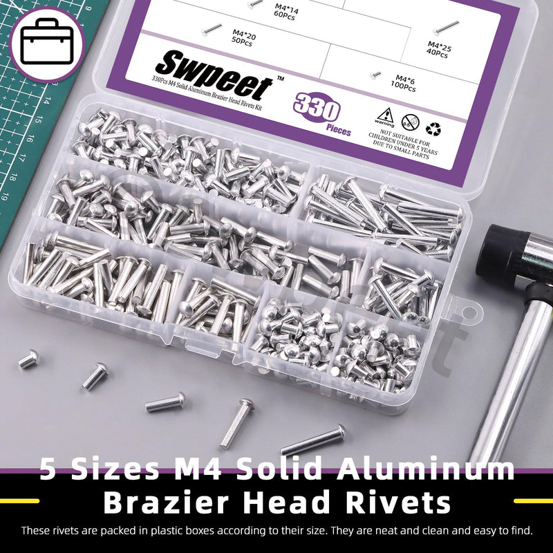 [Australia - AusPower] - Swpeet 330Pcs M4 × 6mm 10mm 14mm 20mm 25mm Solid Aluminum Brazier Head Rivets, Aluminum Rivet, Plain Finish, Universal Head, High Corrosion Resistance for Repairing Boats, Aircraft, Making Armor 