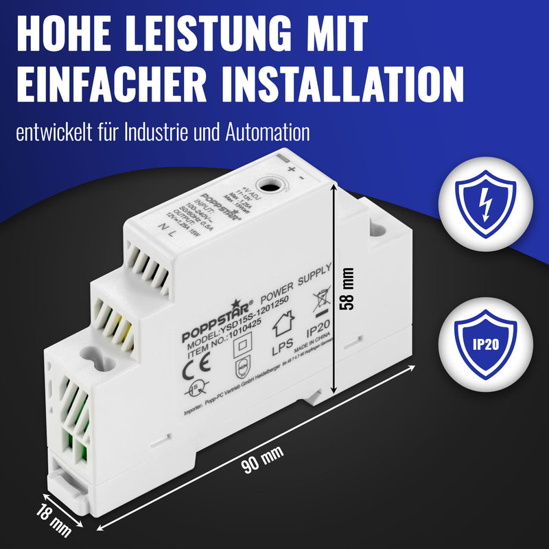 Poppstar DIN rail power supply P-15-12- 12V DC 1.25A 15W (input 100-240V AC 50/60 Hz) 18 * 90 * 58mm 12V DC 1.25A 15W