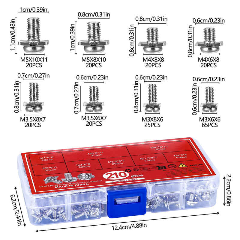 [Australia - AusPower] - 210 Pcs Terminal Block Screws, M3 M3.5 M4 M5 Terminal Screws Assortment Kit with Square Washers, for Fixing Wires in Electrical Ffacilities, Nickel-Plated Carbon Steel 