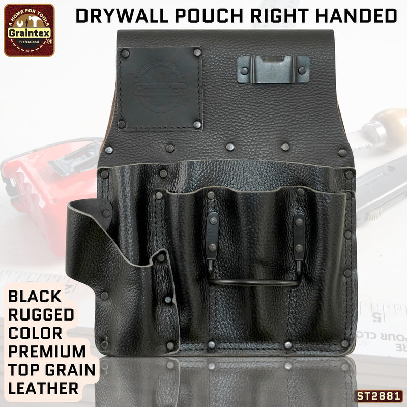 Graintex Drywall Pouch Heavy Duty Top Grain Leather, Steel Hammer Holder, Drywall Tool Belt, Framers Tool Pouch, Construction, Carpenter, Electricians, Ideal for Tradesmen Black Rugged Right Handed