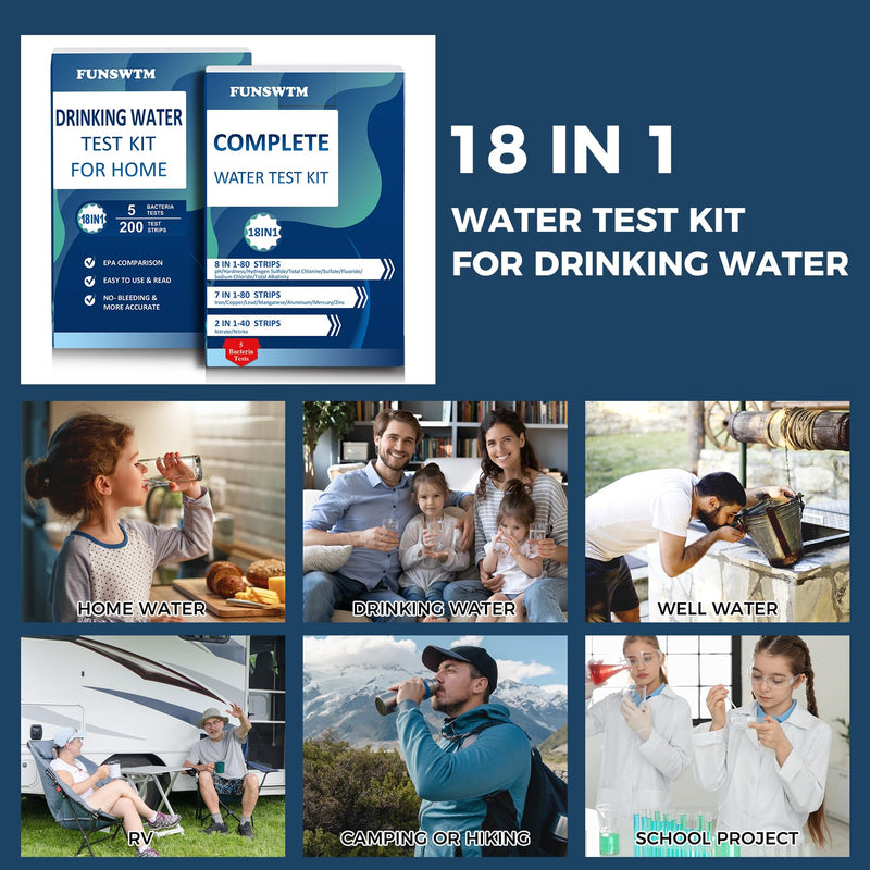 [Australia - AusPower] - Home Water Testing Kits for Drinking Water: 18 in 1 200 Strips + 5 Bacteria Tests Kit- Well Tap Home Water Test Strips for Lead Bacteria Fluoride Hardness Iron pH and More 200WT5BT 