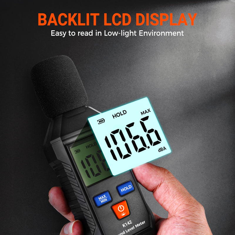 [Australia - AusPower] - Digital Decibel Meter - Portable SPL Meter with Backlit LCD Display (35-130dB(A) Range) - MAX/MIN Data Hold - Digital dB Reader Meter for Home, Classroom, Workshop, and Office Use Black 