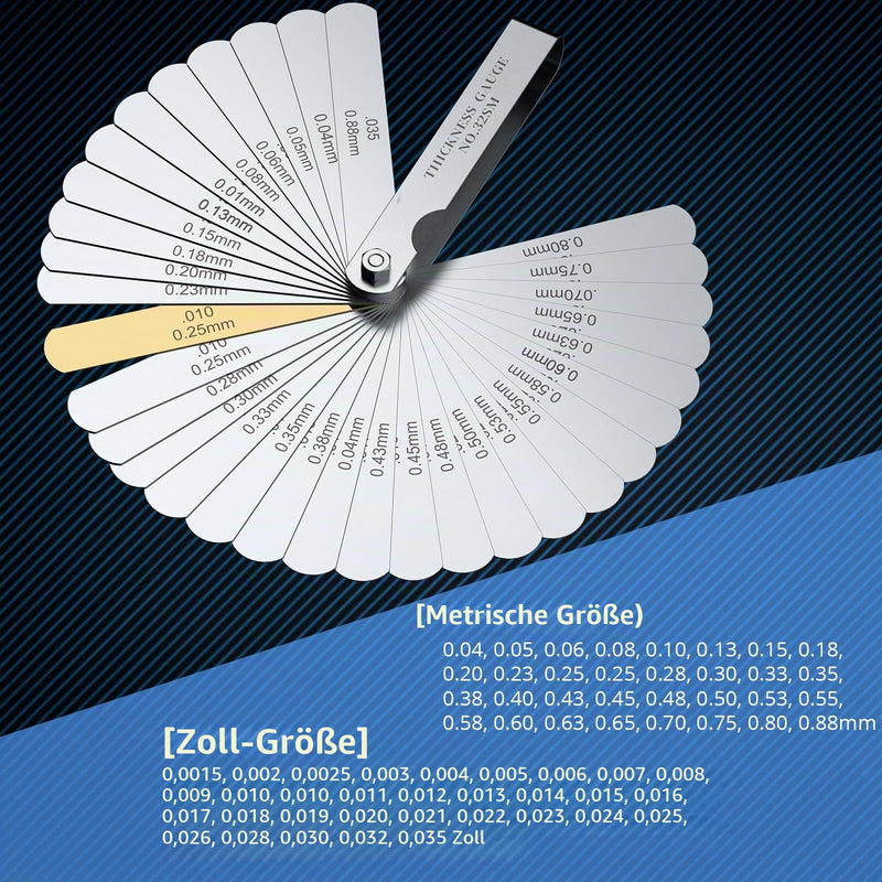 CAMWAY Stainless Feeler Gauge, 32 Blades Stainless Steel Blades High Precision Feeler Gauge Metric / Imperial Tool for Measuring Gap Width/Thickness/Metric Sizes, 0.04-0.88 mm 32 Klingen Fühlerlehren