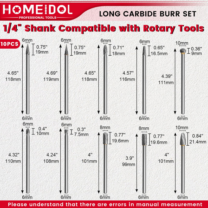 10Pcs Long Carbide Burr Set 1/4" Shank Die Grinder Bits, HOMEIDOL 4"(100mm) Long Rotary Files Tungsten Carbide Rotary Burr Set, Carbide Drill Bits for Metal Stone Wood Carving Engraving Deburring 10pcs 4" long die grinder bits(1/4" Shank)