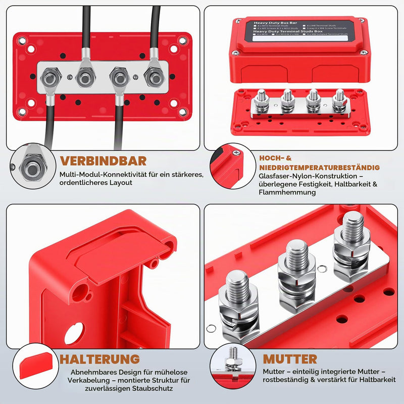 300A Busbar 48 V, 4 x M8 Busbars Distributor Terminal Strips, Heavy Duty Busbar Battery Busbars, Ideal for Trucks, Cars, Motorhomes, Solars, Boats, Marine, Red 1