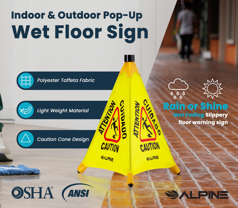 Alpine Caution Wet Floor Sign - Pop Up Slippery When Wet Sign, Wall Mounted Foldable Bilingual Yellow Safety Warning Caution Cone For Commercial & Office Use (20 Inches) 20 Inches