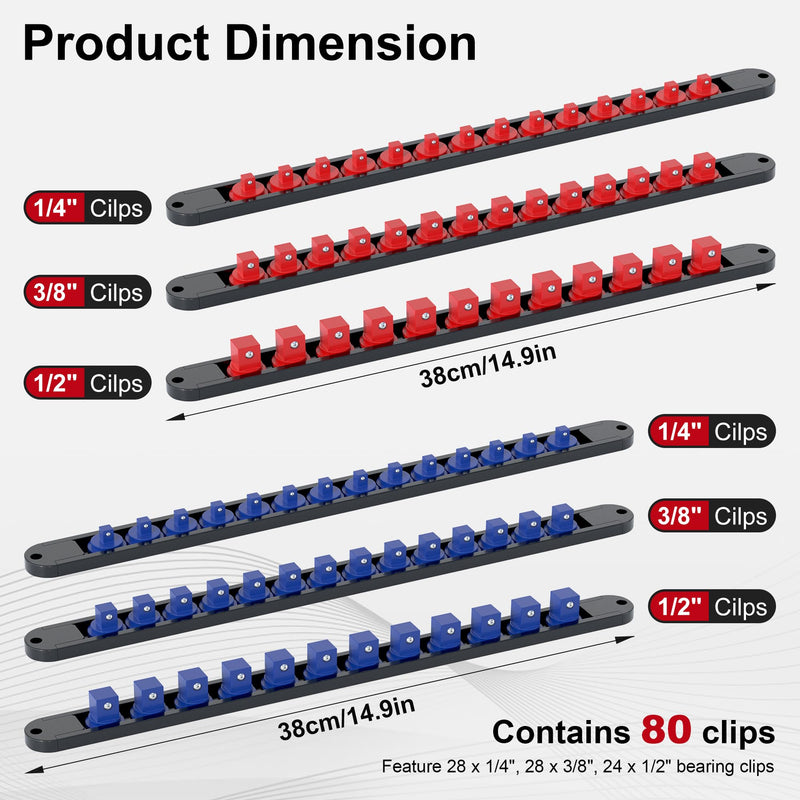 FIVEPEARS 6PCS 360° Socket Organizer Twist Lock,3/8 1/4 1/2 Socket Storage Rails, Premium Quality Socket Holders for Tool Box ，Tool Carts，Contains up to 80 Clips (Blue & Red) REDBLUE-6