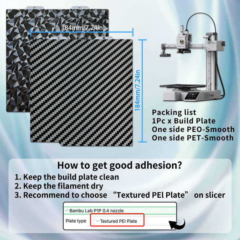[Australia - AusPower] - PEO PET build plate for Bambu Lab A1 mini 3D printer,184x184mm Spring Steel Plate,Double Sided Flexible Sheet Removable Platform (Diamond PEO+Carbon Fiber PET) Smooth PEO+Smooth PET 
