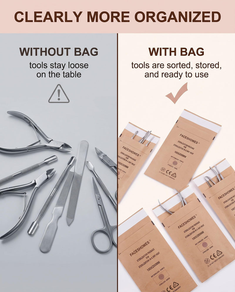 Kraft Paper Sterilization Bags - Pack of 100 (100 x 200 mm) | Self Sealing Sleeves for Nail & Manicure Tools | Germs & Moisture Protection