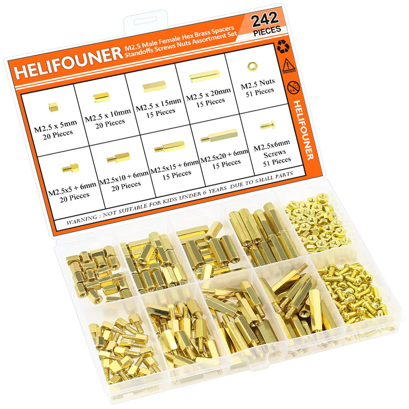 [Australia - AusPower] - 242 Pieces M2.5 Male Female Hex Brass Spacers Standoffs Screws Nuts Assortment Kit, Threaded Pillar for Printed Circuit Board Motherboard M2.5 Brass Standoff Set 