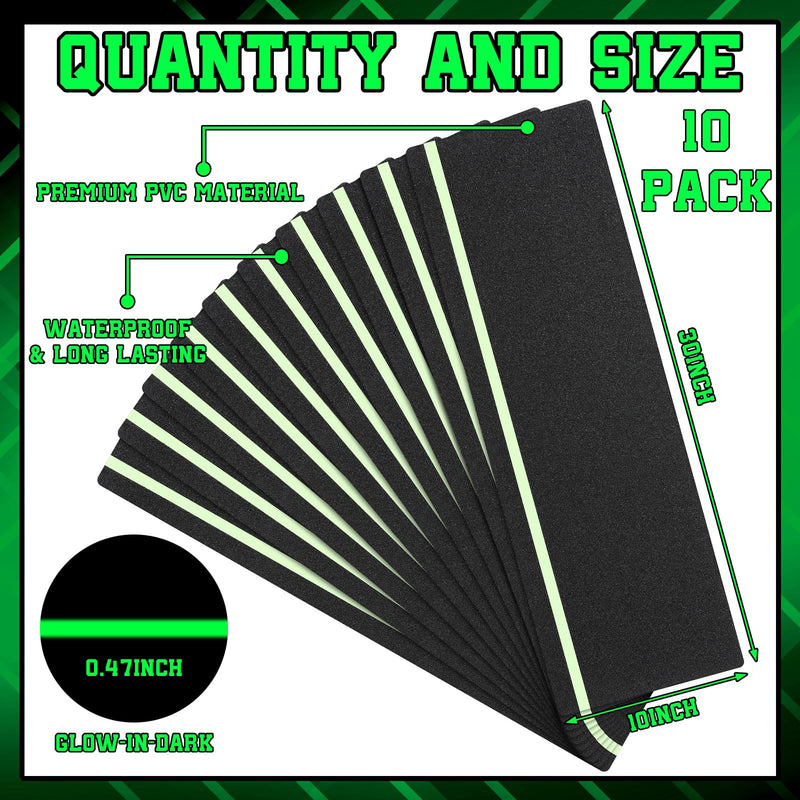Nuanchu 10 Pack 10'' x 30'' Outdoor Stair Treads Anti Slip Tape Glow in Dark Stripe Non Slip Grip Tape Non Skid Adhesive Friction Traction Stair Treads for Wooden Steps Outdoor Indoor Step Slippery