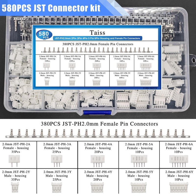 Taiss JST PH 2.0 Connector Kit 2/3/4/5/6-Pin JST Adapter Male and Nut Plug PH 2.0 mm JST Cable Connector Adapter F-066-580 Pieces PH2.0 Connector Kit