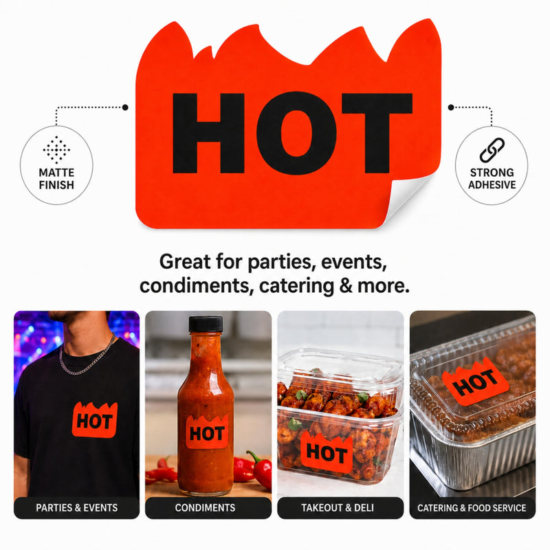 ChromaLabel Hot Stickers, 2 x 1.25 Inch Fluorescent Red Orange Flame Labels, 500/Roll, Rave Hot Stickers for Parties, Festivals, Events, Hot Sauce, Spicy Food & Retail Marking 2" x 1-1/4" Pack of 1
