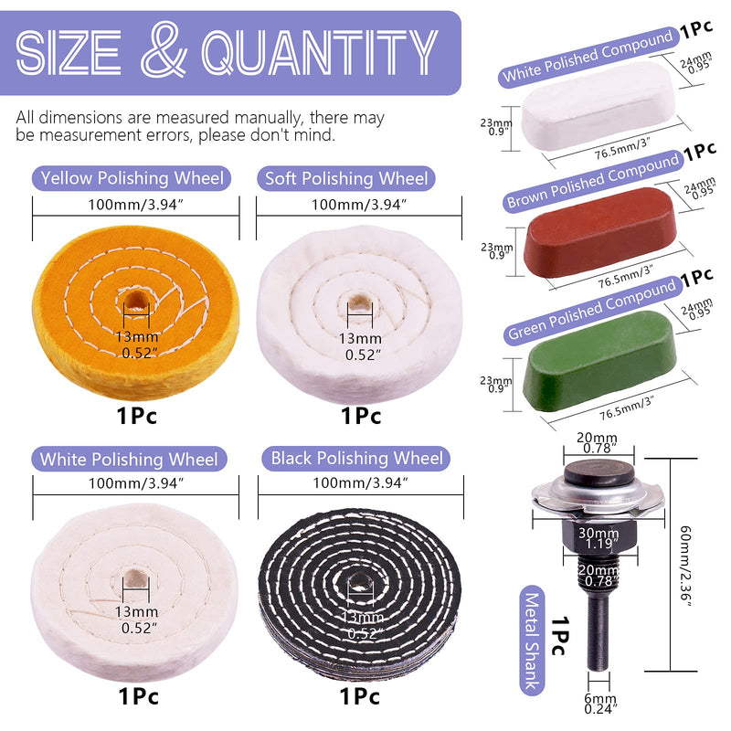 [Australia - AusPower] - Swpeet 7Pcs 4" Buffing Polishing Wheels Polish Pad 8Pcs Kit with 3Pcs Polishing Compounds and 1/4" Drill Shank, White Cotton(50Ply)/ Yellow Cotton(36Ply)/Flannel(30Ply)/Denim Wheels for Bench Grinder NO.9 Buffing Polishing Wheels 