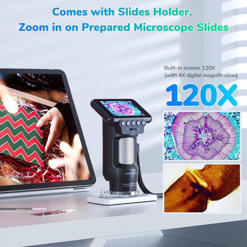 LM013 Portable Digital Microscope with 2.8" LCD Screen, Handheld Microscope Kit for Kids 8-12, Pocket USB Coin Camera Magnifier for Adults with 8 LED Lights, Microscope Slides Black+Base