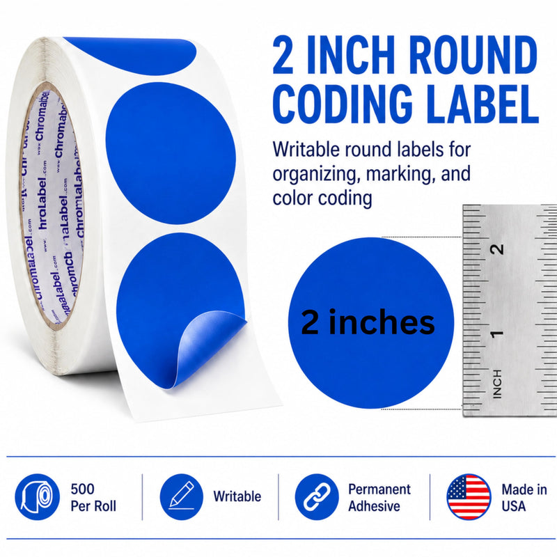 ChromaLabel Blue Dot Stickers, 2 Inch Round Color Coding Labels, 500/Roll, Writable Permanent Adhesive Circle Stickers for Inventory, Warehouse, Classroom, Moving Boxes, Office, Bins & Shelves 2" Dark Blue