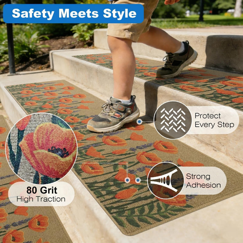 Outdoor Stair Treads Non-Slip, 8” x 30” - 10-Pack Weather Resistant Grip Tape for Wooden Steps, Waterproof & Anti Skid Strips, 80-Grit Adhesive Step Treads, Orange Floral Beige/Orange 8" x 30"