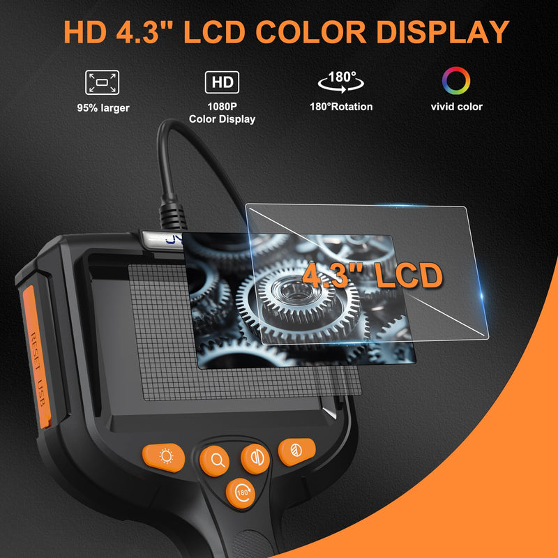 Endoscope Camera with Light, 5.5mm Waterproof Borescope with 4.3" HD Screen, 16.5ft Semi-Rigid Cable for Automotive, Plumbing, Pipe Inspection 4.3IN-16.5FT
