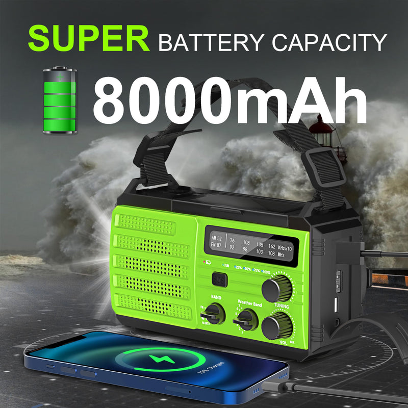 [Australia - AusPower] - Emergency Weather Radio,8000mAh AMFM NOAA Weather Alert Radio,Solar Hand Crank Powered Radio with Super Bright Flashlight,Phone Charger,SOS Alarm,Compass for Survival, Hurricane,Outdoor, Emergency Green 