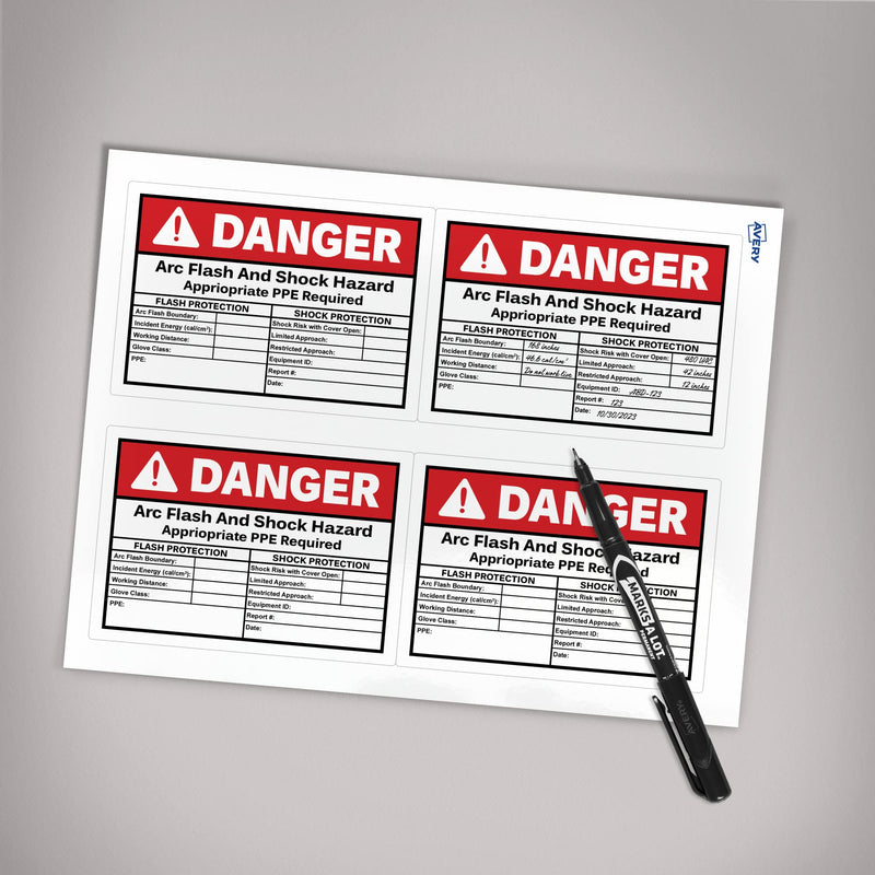 Avery Arc Flash/Shock Danger Labels, Waterproof, UV Resistant, Preprinted, Handwrite-Only, 3.5" x 5", 8 Warning Decal Labels 3.5" x 5" 8 labels