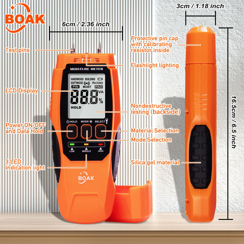 BOAK 2 in 1 Pin & Pinless Moisture Meter,Moisture Test Kit for Home With Self-Testing,Water Leak Detector,Moisture Sensor for Firewood,Drywall Mold Detector With Illumination and Alert.