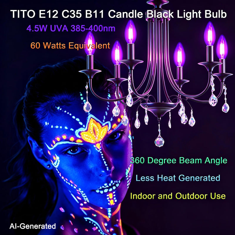TITO 6 Pack E12 B11 395nm Dimmable Candle Black Light Bulbs Halloween Party | 4.5W Filament Candelabra Bulb 60W Equivalent｜360° Full Glow｜Low Heat｜Glow Party Fluorescent Decor Uranium Glass Curio Display