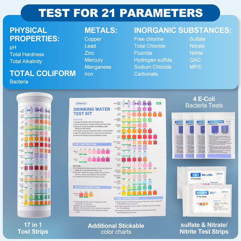 [Australia - AusPower] - 21-in-1 Home Drinking Water Testing Kit,145 Strips + 4 Bacteria Tests,Tap and Well Water Test Kit, Easy to Test and Read Home Test Strips for Hardness, Lead, Iron, Fluoride, pH, Copper and More 