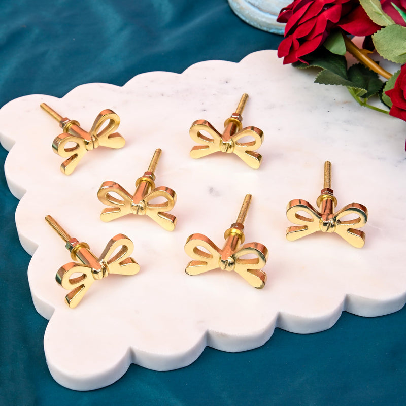 Perilla Home Set of 6 Brass Bow Knobs for Cabinet & Drawers Decorative Bow Knobs for Home Kitchen Cabinet Hardware Cupboard Metal knobs Door Dresser Wardrobe and Drawer Pulls Bow Design