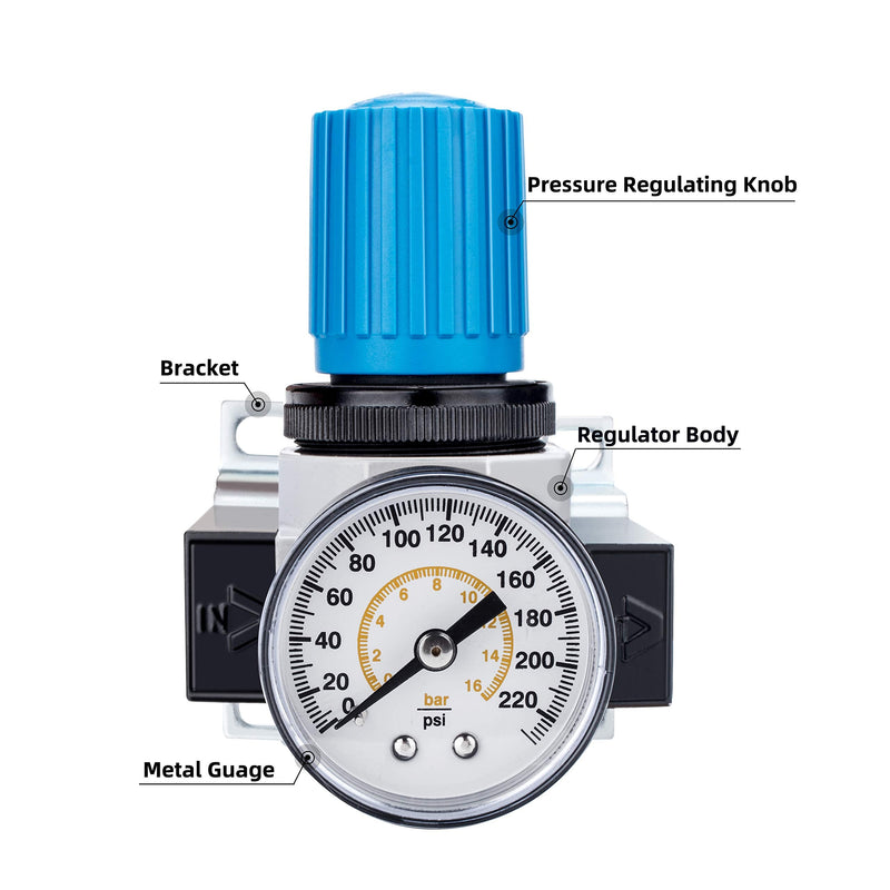 [Australia - AusPower] - NANPU 1/4" NPT High Pressure Air Regulator with Steel-Protected Gauge, 56-SCFM 230Psi (LR-02) 