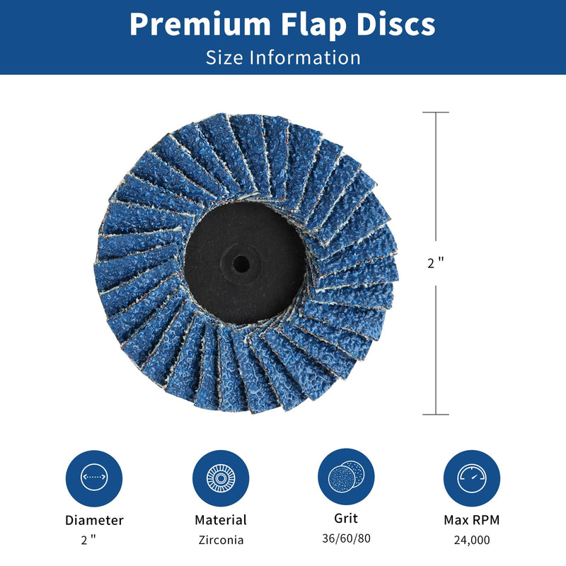 [Australia - AusPower] - 15 PCS Flap Disc Set, 2" Zirconia Blue Flat Flap Discs Roll Lock Grinding Sanding Sandpaper Wheels Grit 36/60/80, Surface Prep Discs for Angle Grinder Strip Rust Paint Removal 15PCS 2 Inch Flap Discs 
