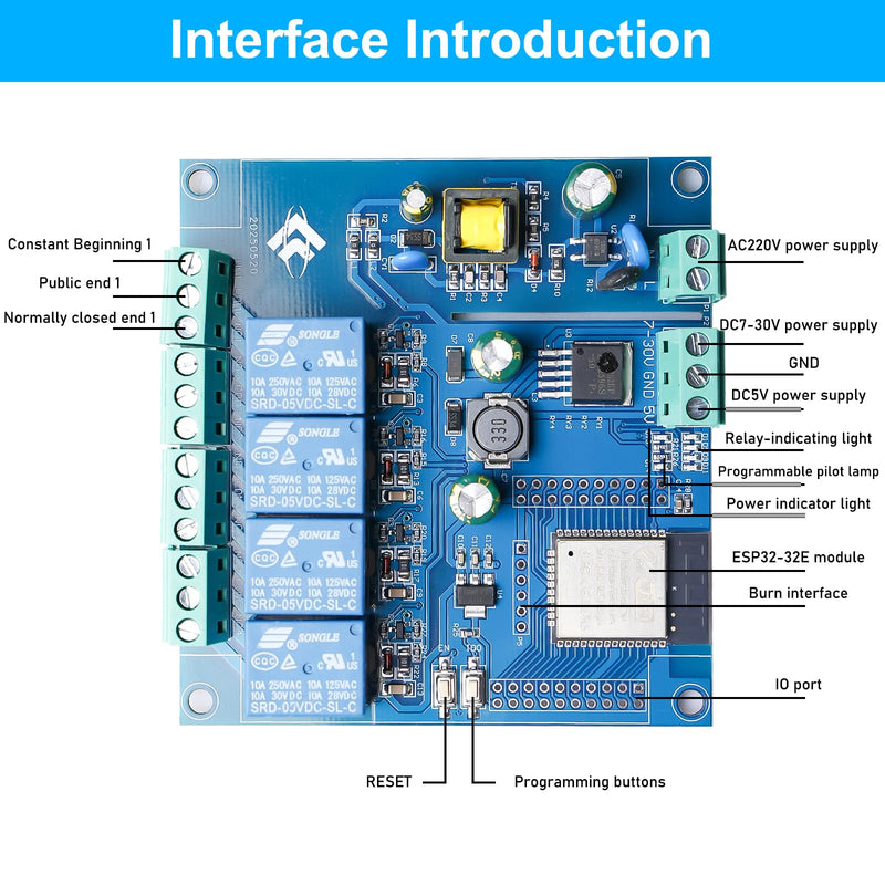 ESP 4-Channel Relay Module with ESP-32 WiFi Bluetooth, DC5-30V/AC220V, Development Board for DIY Smart Home & IoT Projects, Easy Programming with Arduino IDE