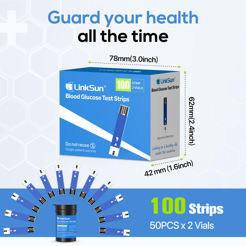 LinkSun Diabetic Blood Test Strips*100, Used for G-425-1,G-425-2V, G-425-3, G-427B Blood Glucose Monitor Only, 0.7μl Blood Sample, Accurate Measurement, Results in 5 Seconds, 2 Bottles of 50 Pc 100 Strips No Lancets