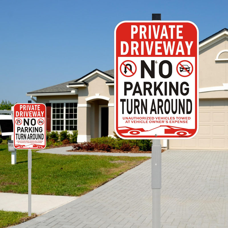 2Pack Private Driveway No Turn Around Sign, 14” x10” No Parking Signs with 36” Alloy Stake, Fade Resistant Reflective Aluminum,Waterproof, Easy to Mount 2Pack with Alloy Stake