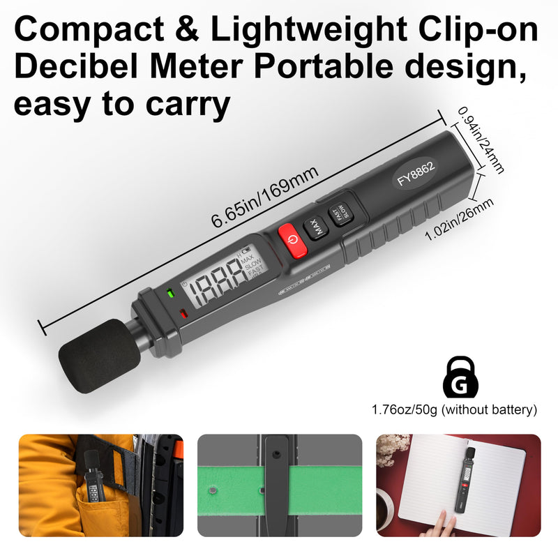 [Australia - AusPower] - Decibel Meter, Sound Level Meter, Portable, Digital SPL Meter 30-130dB with A Weighted, Fast/Slow Mode, Max Data Hold, Clip-on Ultralight Noise Meter for Home, Factory, Classroom, Office 