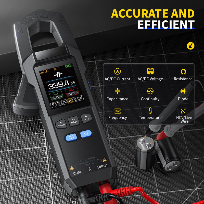 [Australia - AusPower] - DewinLVD Clamp Meter, AC DC Clamp Multimeter, Digital Current Meter with LED Lighting, Current Meter, 10000 Counts, Clamp Meter, Measures Resistance, Capacity, Voltage, Current, Temperature, Frequency 