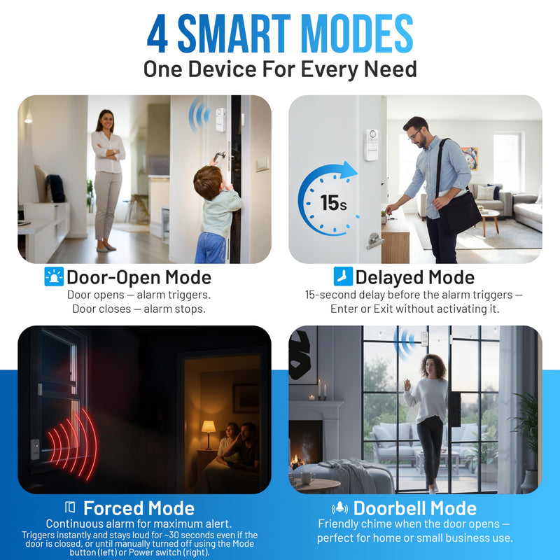Door Alarms When Opened – 130 dB Loud Door & Window Alarm, 1.2” Wide Gap Sensor, Instant & Delay Alerts, 3 Volume Levels, AAA Batteries Included, Low Battery Alert, 4 Pack