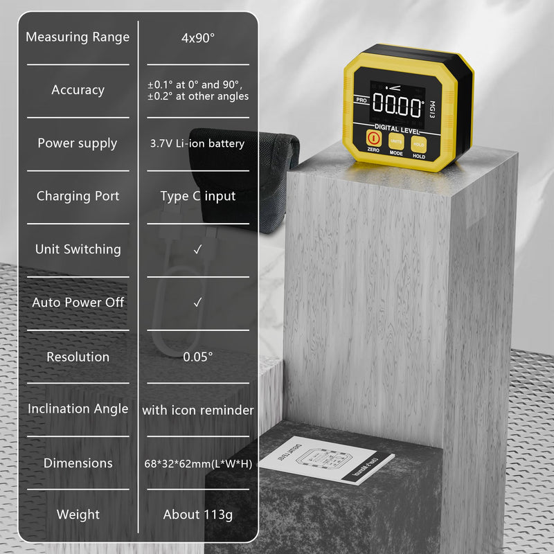 [Australia - AusPower] - Rechargeable Digital Angle Finder and Magnetic Inclinometer Gauge | ±0.1° Accuracy Protractor | 360° Flip Screen for Woodworking, Construction, Machinery 